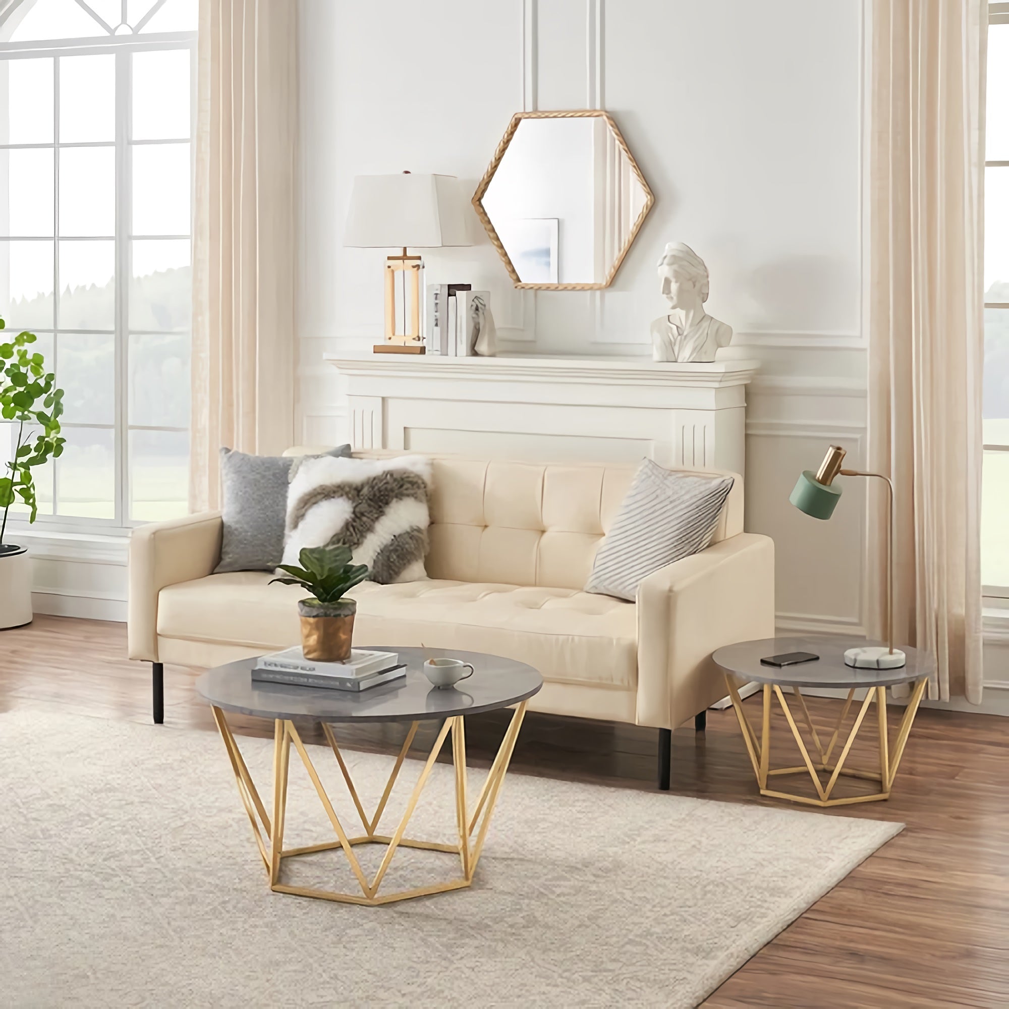 Set of 2 Coffee Table Set, Modern Faux Marble Coffee Table and End Table for Home, Living Room (Grey-Gold) - GilesCoffeeTableGY&G-FWS Set of 2 Coffee Table Set, Modern Faux Marble Coffee Table and End Table for Home, Living Room (Grey-Gold) - GilesCoffeeTableGY&G-FWS
